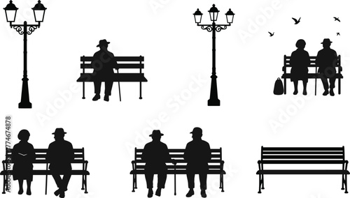 Silhouette, bench, people, park, street lamp, couple, sitting, urban, outdoor, vintage, solitude, companionship, friendship, relaxation, lifestyle, cityscape, leisure, romantic, 