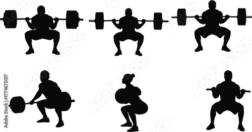 Weightlifting silhouette, fitness training, gym workout, barbell squat, strength exercise, bodybuilding pose, athletic performance, powerlifting form,