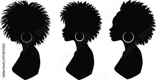 Black woman silhouette profile with afro hairstyle, natural curly hair beauty, hoop earrings fashion, cultural identity, hairstyle diversity, elegant feminine portrait, modern style illustration