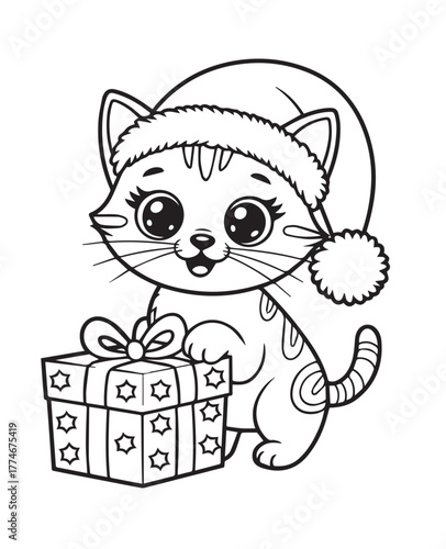 kids coloring pages, Cute kitten wearing Santa hat holding gift box with star pattern is outlined