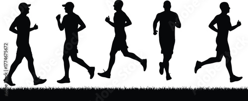 Running silhouette sequence, athlete motion, jogging stride, sports training, fitness exercise, outdoor sprint, human biomechanics, workout action, marathon runner, 