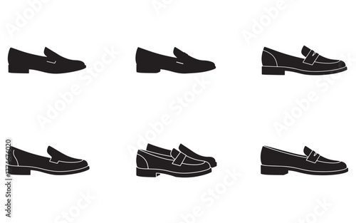 Elegant Loafers Silhouette Collection Different Styles of Classic Footwear for Men and Women in Simple Black Vector Design