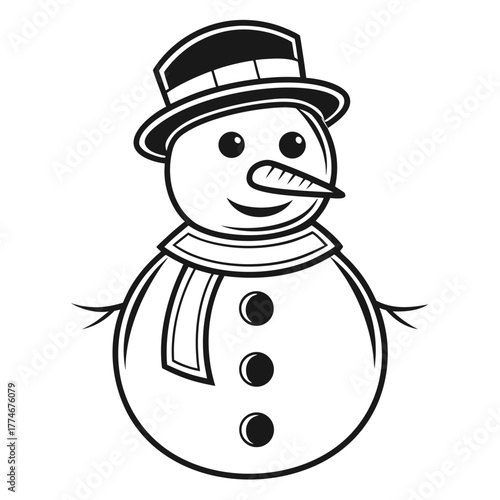 Friendly snowman wearing a hat and scarf with buttons, cartoon style