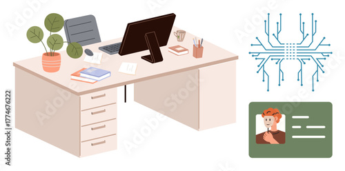 Organized office desk with computer, books, and stationery, complemented by a chip-thumbs up circuit design and ID card. Ideal for innovation, technology, organization, identity, security