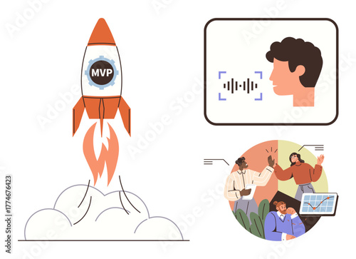 Rocket labeled MVP launches flames speech recognition profile visual team brainstorming with data. Ideal for innovation, startup, teamwork, technology, communication, growth, leadership. Simple flat