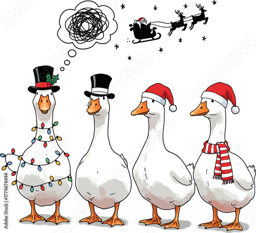 Four festive geese dressed in christmas attire with santa s sleigh in the sky