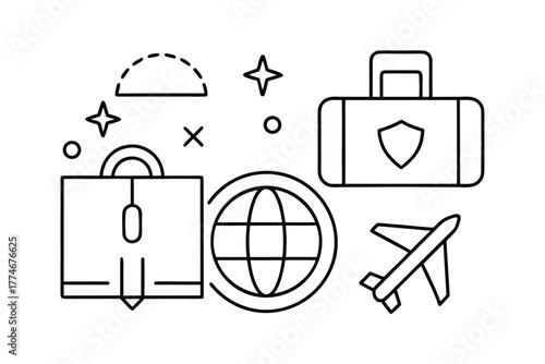 Travel Icons Globe Airplane Suitcase Stars and Shapes Keywords: travel, icons, globe, world, earth, airplane, aircraft, plane, suitcase, luggage