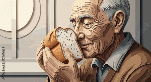 Elderly man enjoying the aroma of freshly baked bread with eyes closed in appreciation