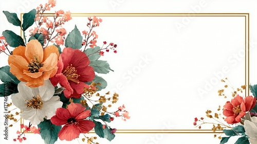 Artistic Floral Frame With Gold Border And Colorful Flowers On White Background, Ideal For Wallpaper, Poster, Wedding Invitation With Romantic Vintage Design.