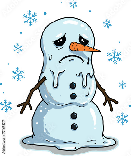 Sad melting snowman drips water with a carrot nose and stick arms in falling snowflakes