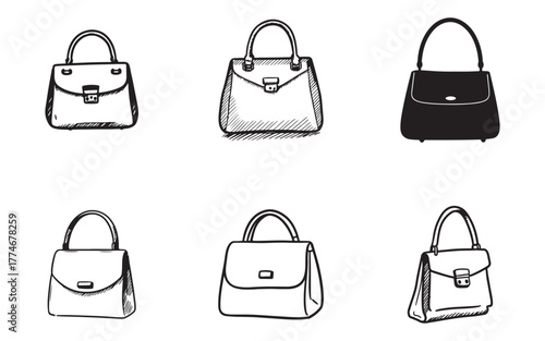 Hand Drawn Stylish Womens Handbags Collection Fashionable Accessories for Modern Women Isolated on White Background Vector Illustration