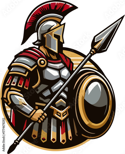 Silver Spartan Hoplite Warrior with Spear and Shield Vector – Ancient Greek Gladiator Mascot Illustration