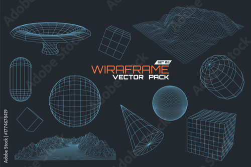 Vector Wireframe Graphics Pack with Various 3D Geometric Shapes and Terrains