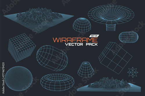 Vector Wireframe Graphics Pack with Various 3D Geometric Shapes and Terrains