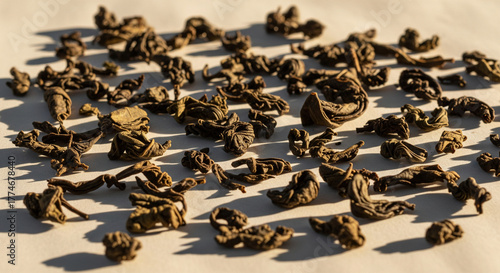 Wallpaper Mural Close-up of premium curled Chinese Gunpowder green tea leaves.
An extreme close-up, high-angle macro shot featuring a scatter of dried, dark green, tightly rolled tea leaves, characteristic of Gunpowd Torontodigital.ca