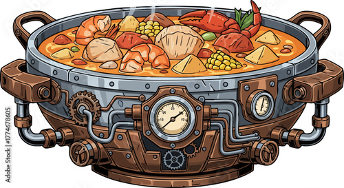 Steampunk seafood soup in a futuristic metal bowl, stylized digital illustration.