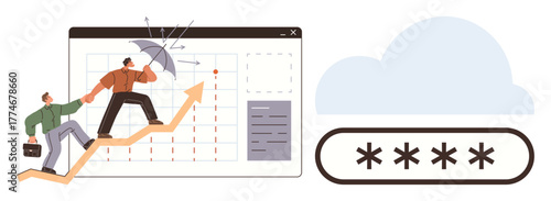 Two individuals climbing an upward arrow chart using umbrella protection amidst data analysis symbols, cloud, and password fields. Ideal for business growth, teamwork, security, data protection