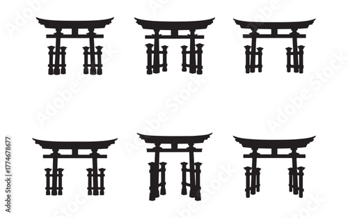 Japanese Torii Gate Collection in Black Silhouette on White Background Traditional Architecture Symbol for Cultural Events and Graphic Design