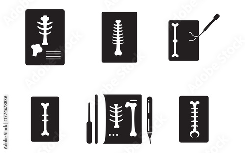 Medical Xray Illustrations of Bones and Skeletal Structures with Surgical Tools for Diagnosis and Treatment Planning