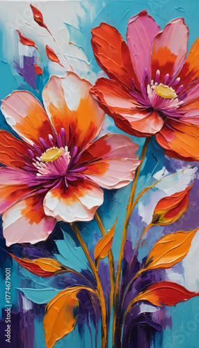 Vibrant Impasto Blooms on Turquoise Canvas