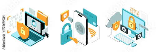 Vector isometric illustration related to cybersecurity, payment safety, cloud technology security. Modern flat illustration for website or mobile app