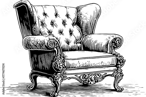 Vintage hand-drawn antique armchair with carved wooden legs and upholstered seat design