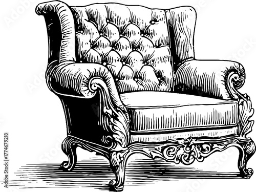 Vintage carved wooden armchair with upholstered seat for retro interior design