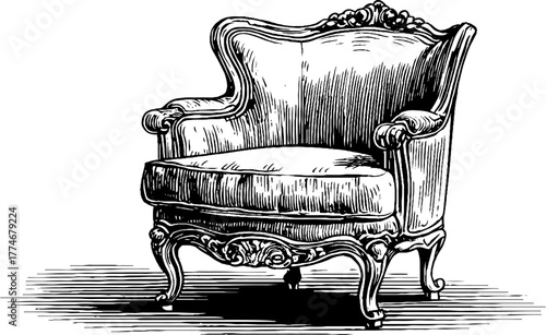 Vintage antique armchair with carved wooden legs and upholstered seat