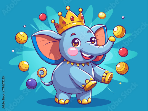 A cheerful elephant wearing a tiny golden crown joyfully juggles colorful balls, surrounded by sparkles, radiating playful elegance and charm