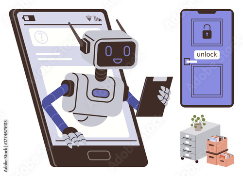 Robot assistant with clipboard exits smartphone screen, near locked door and tidy file storage. Ideal for AI assistance, security, automation, organization, data management, efficiency, innovation