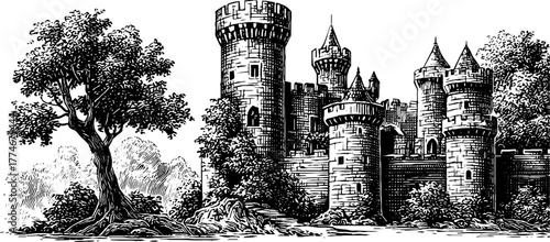 Medieval castle tower with battlements and ivy climbing the walls – vintage hand drawn engraving