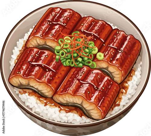 Unadon (Japanese grilled eel rice bowl) with nori and sesame seeds, digital illustration isolated.