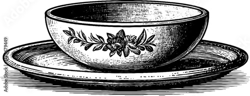 Vintage ceramic bowl and plate set with floral rim pattern for kitchenware design and decor