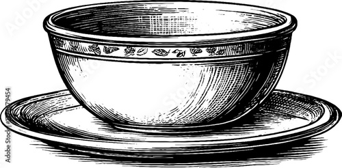 Vintage ceramic bowl and plate set with floral rim pattern sketch for design projects