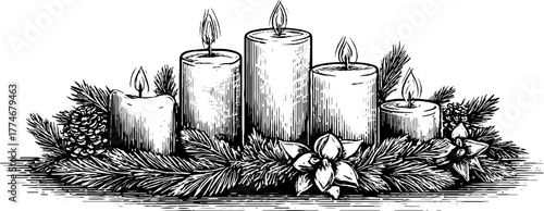 Festive christmas candle arrangement with fir twigs and pine cones for holiday decor