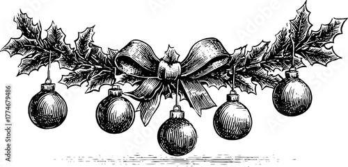 Elegant christmas garland border with ribbon knots and hanging ornaments for holiday decoration