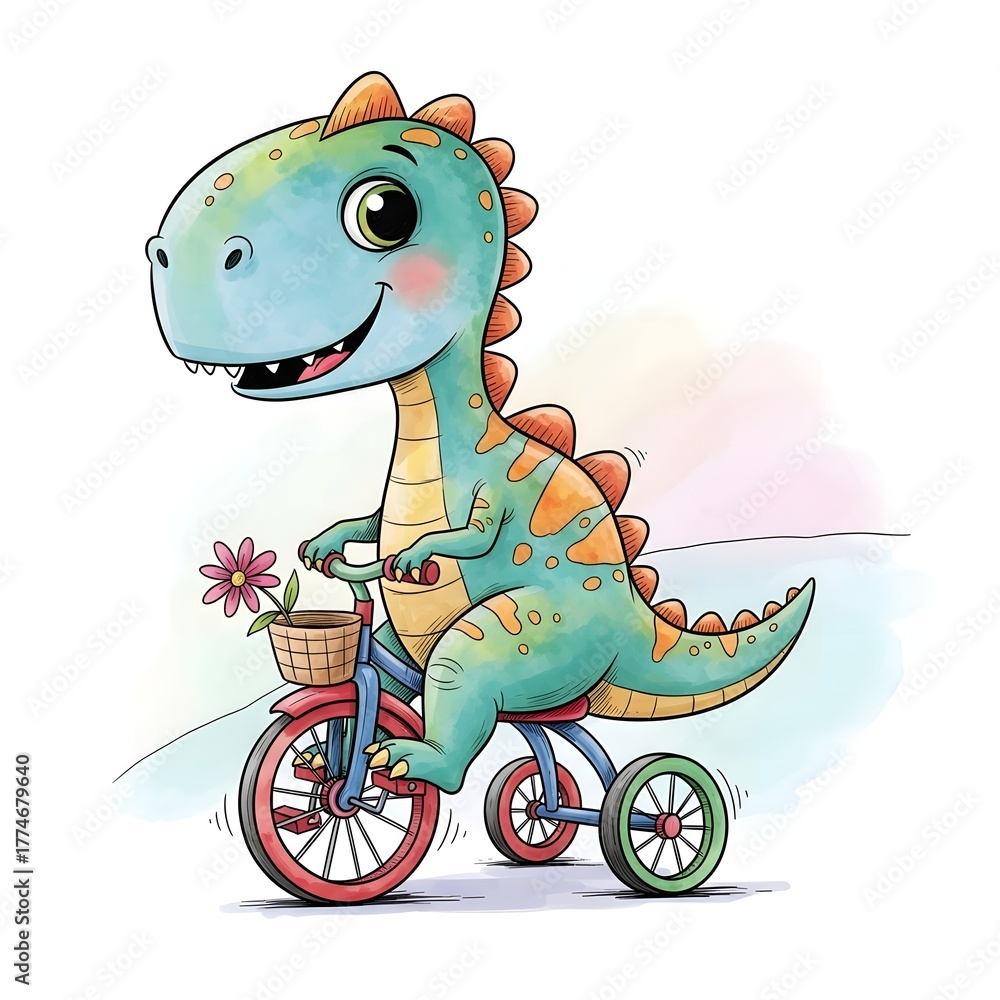 Fototapeta premium Colorful Sketch of Cute Dinosaur Riding a Tricycle in Whimsical Style