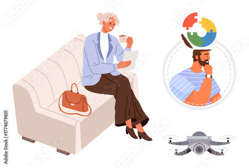 Senior woman seated with papers and handbag, visualizing problem-solving with puzzle pieces and a person, alongside a quadcopter. Ideal for aging, relaxation, technology, innovation, creativity