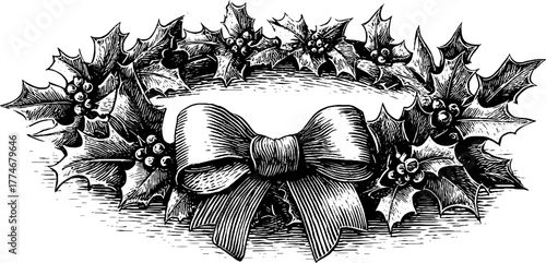 Vintage christmas circular frame with holly leaves and ribbon for holiday design