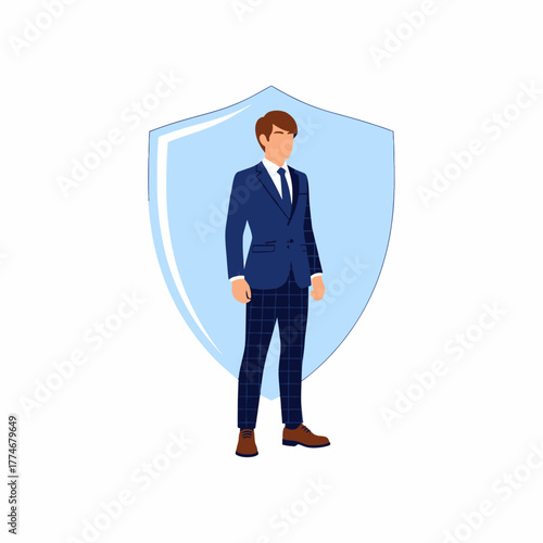 Flat vector man in suit standing behind protective shield