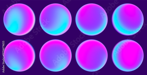 Set of glowing gradient spheres in bright magenta and cyan hues radiating soft neon light. Futuristic dreamy glowing circles. Neon gradient orbs for digital design, posters and creative visual project