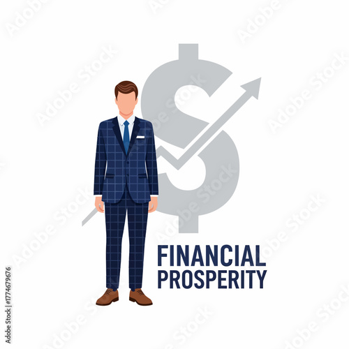 Flat vector businessman achieving financial prosperity with growing investment chart