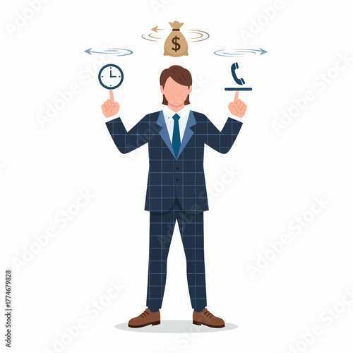 Flat vector businessman balancing time money and communication effectively resource management