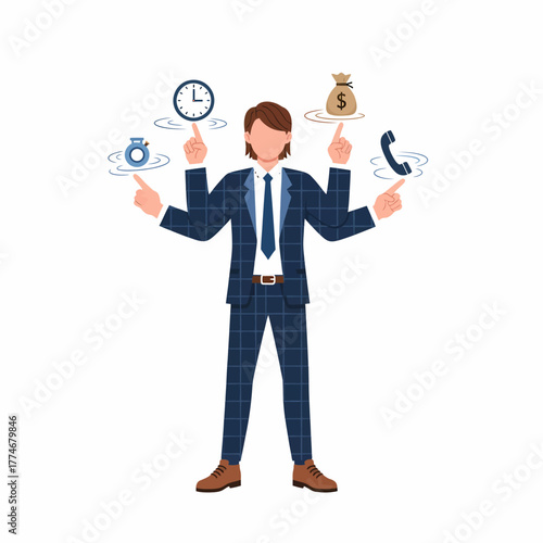 Flat vector businessman juggling time money calls commitments simultaneously