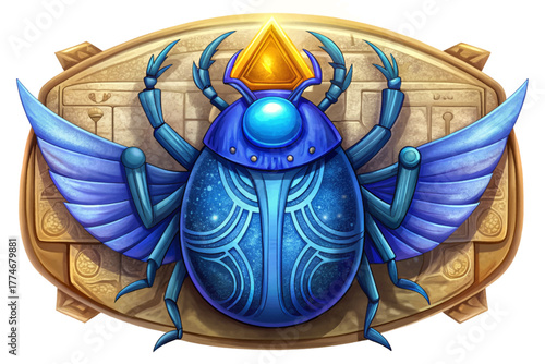 Blue sacred scarab carved in stone vector illustration surrounded by ancient Egyptian hieroglyphs