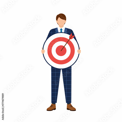 Flat vector businessman holding target with arrow achievement concept