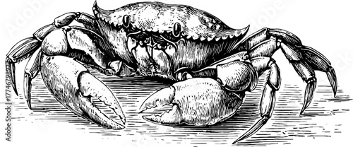Vintage crab sketch with open claws and detailed shell pattern for retro design