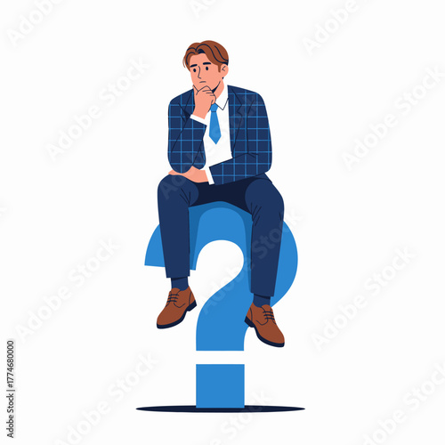 Flat vector businessman sitting on question mark thinking strategy solution