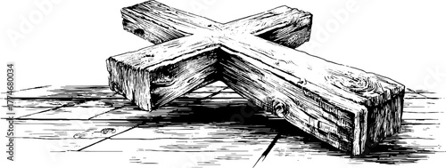 Rustic wooden cross with diagonal hatching texture for retro design projects