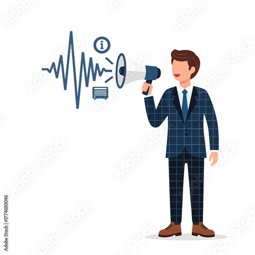 Flat vector man announces with megaphone information waves business concept